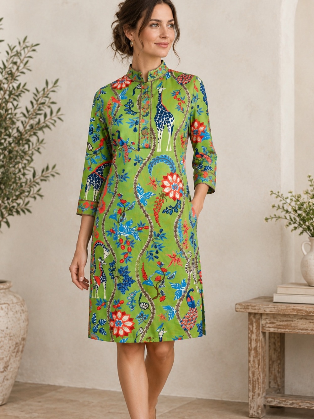 Gretchen Scott Jungle Symphony Green Floral Giraffe-Print Mandarin Collar Dress